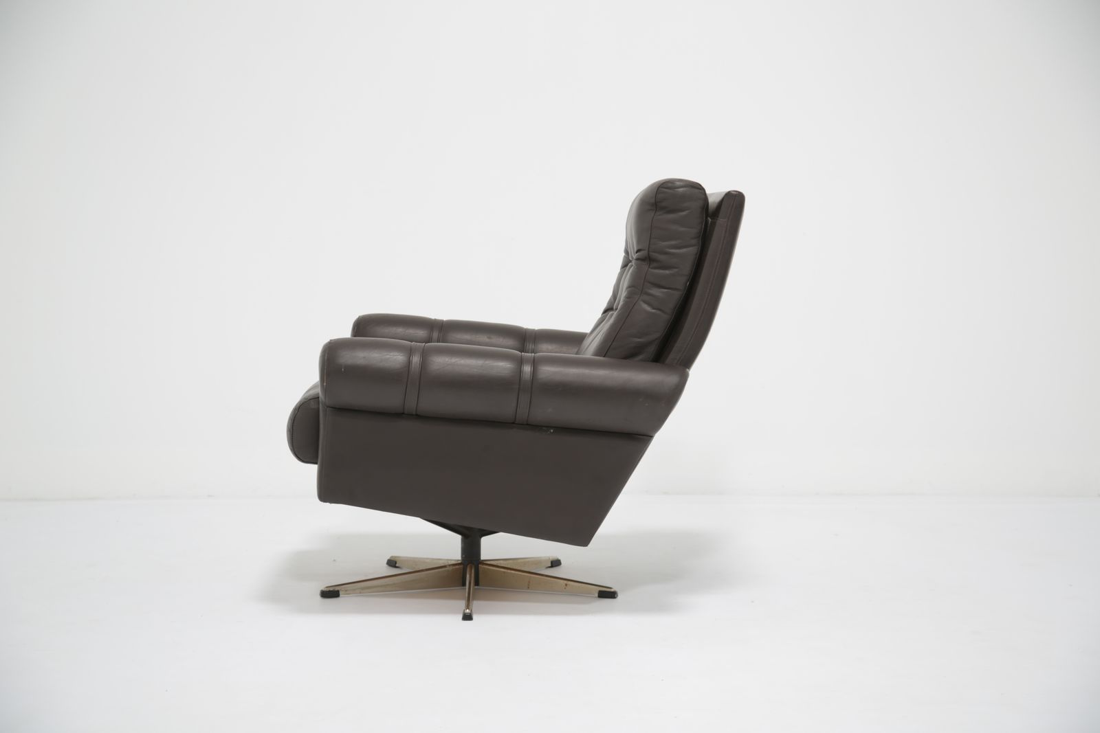photo for sale Vintage Brown Leather Swivel Armchair, Denmark, 1970s.