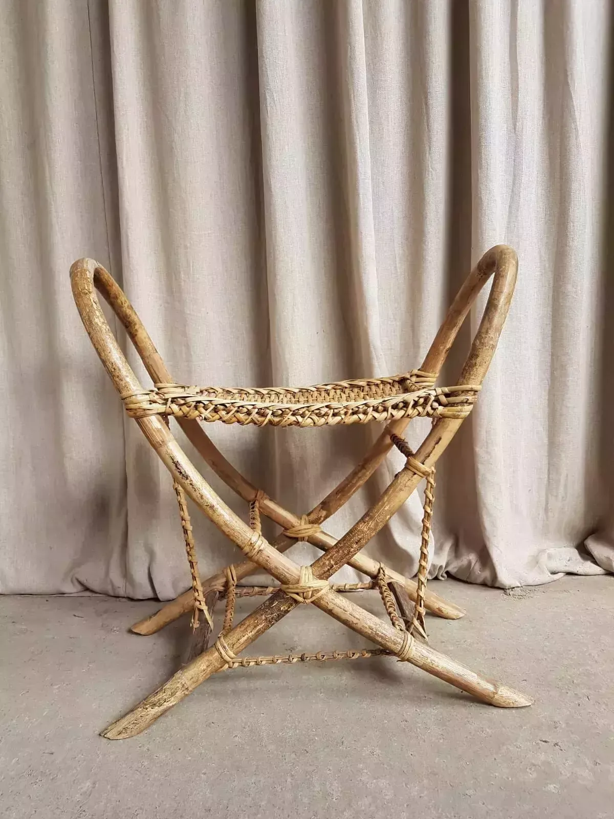 Vtg Early Mid Century Antique 30s Tribal Wicker Stool Bench Bamboo Retro R556 photo Furniture