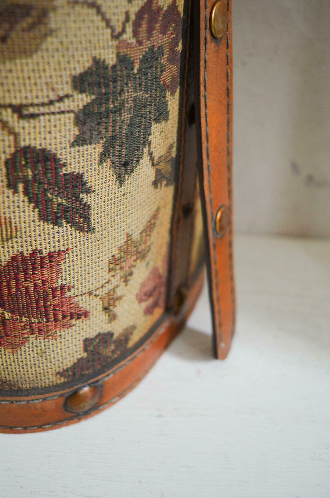Vintage Set Of 2  Wooden Wine Bottle Carriers With Tapestry Fabric Studs, Buckle And Handles photo vintage