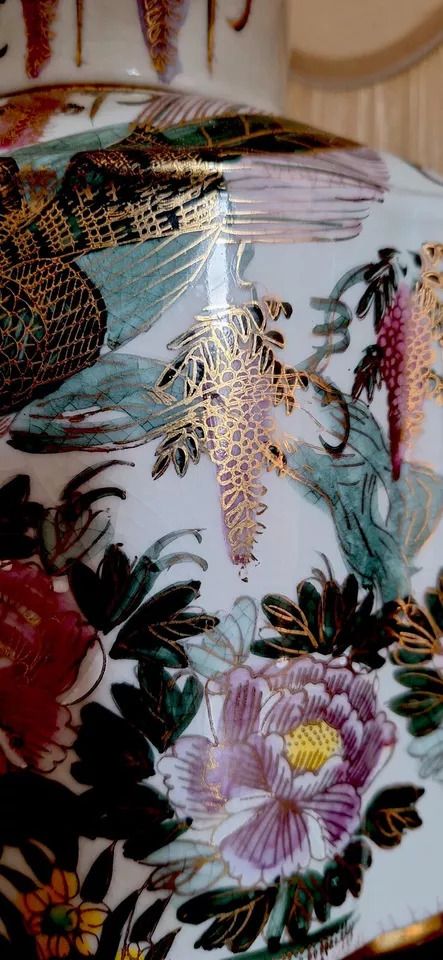 Large Oriental Porcelain Hand Painted Famille Rose & Gilt Table Lamp & Downtown Abbey Style Shade photo buy