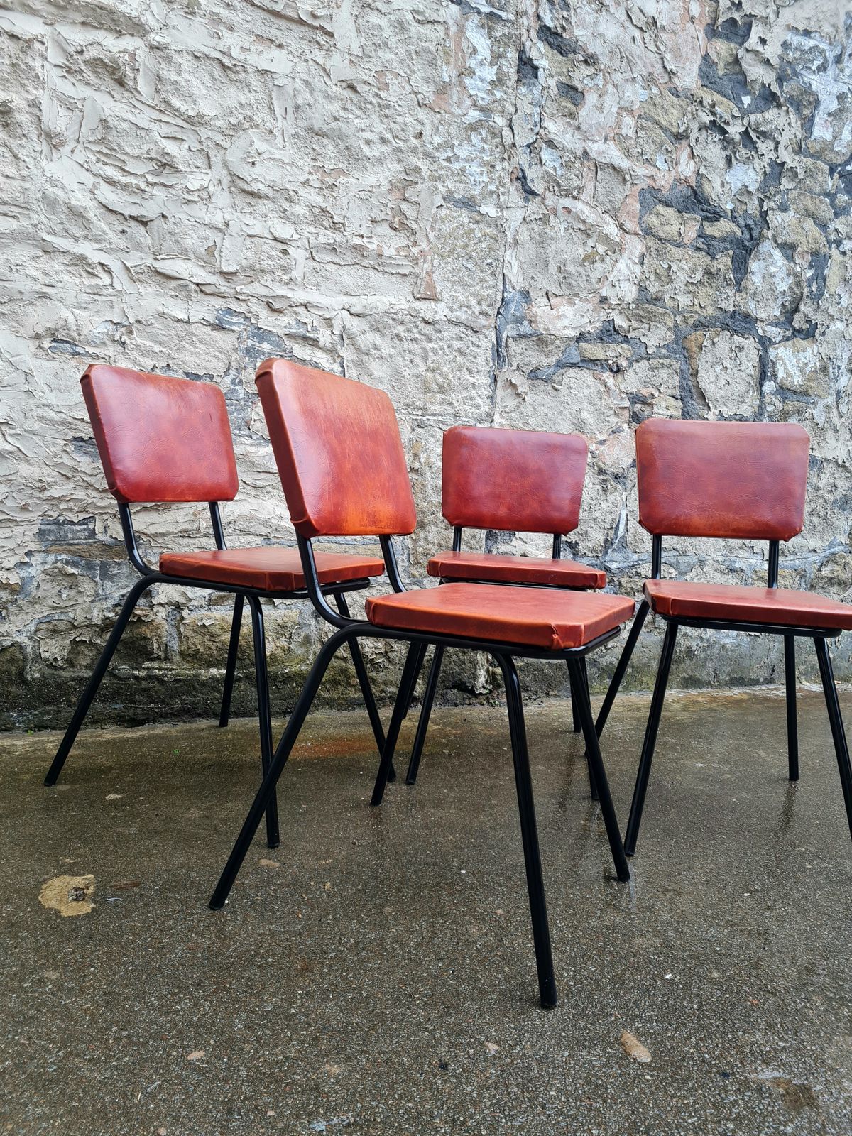 Set Of Four Mid Century Black And Orange Dining Chairs Stackable photo for sale
