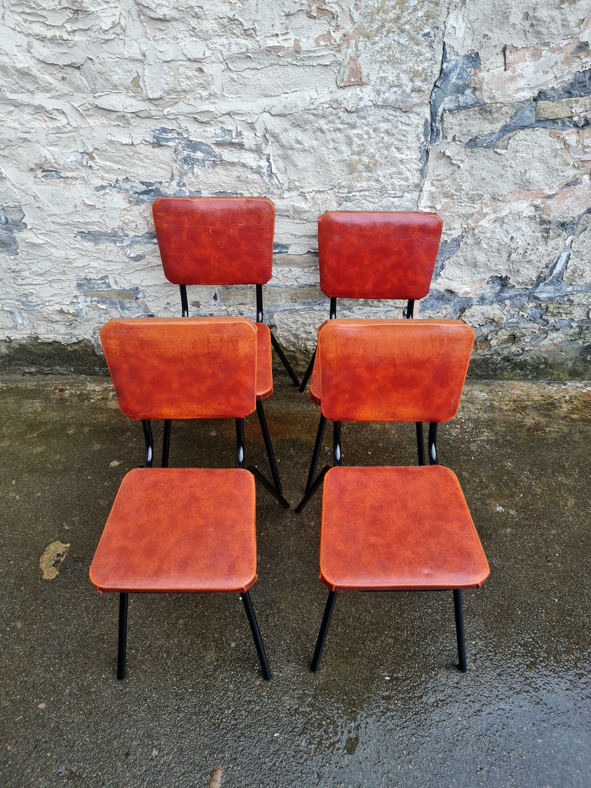 Set Of Four Mid Century Black And Orange Dining Chairs Stackable photo Furniture