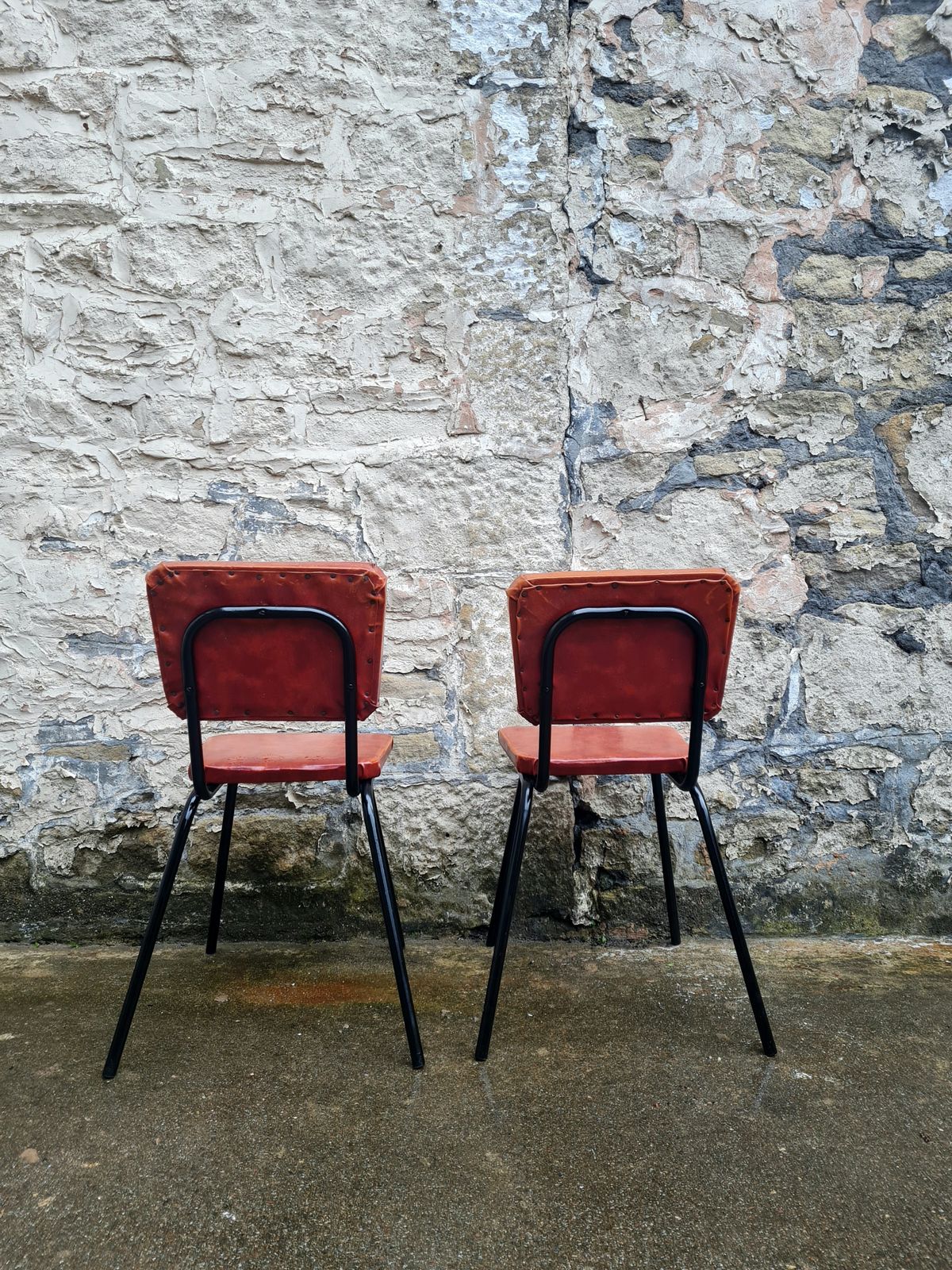 photo for sale Set Of Four Mid Century Black And Orange Dining Chairs Stackable