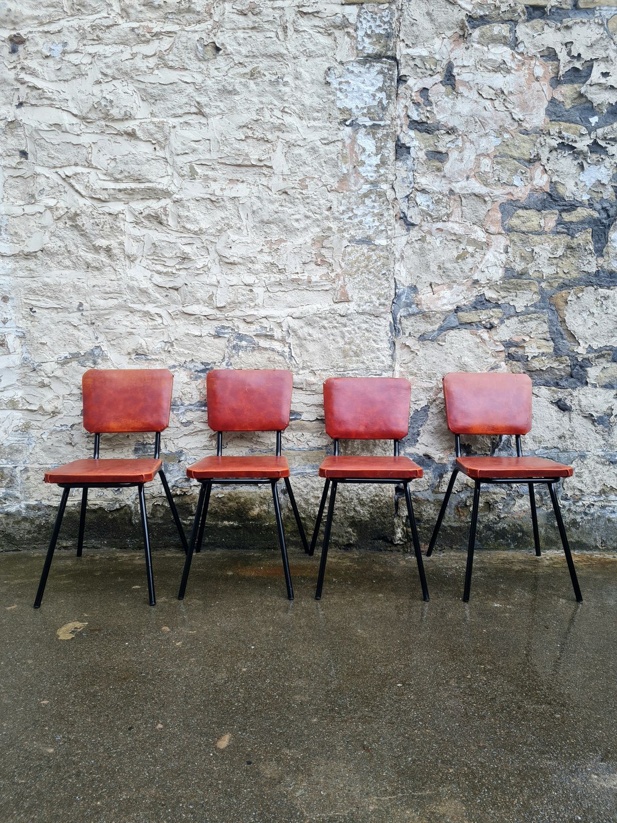 Set Of Four Mid Century Black And Orange Dining Chairs Stackable