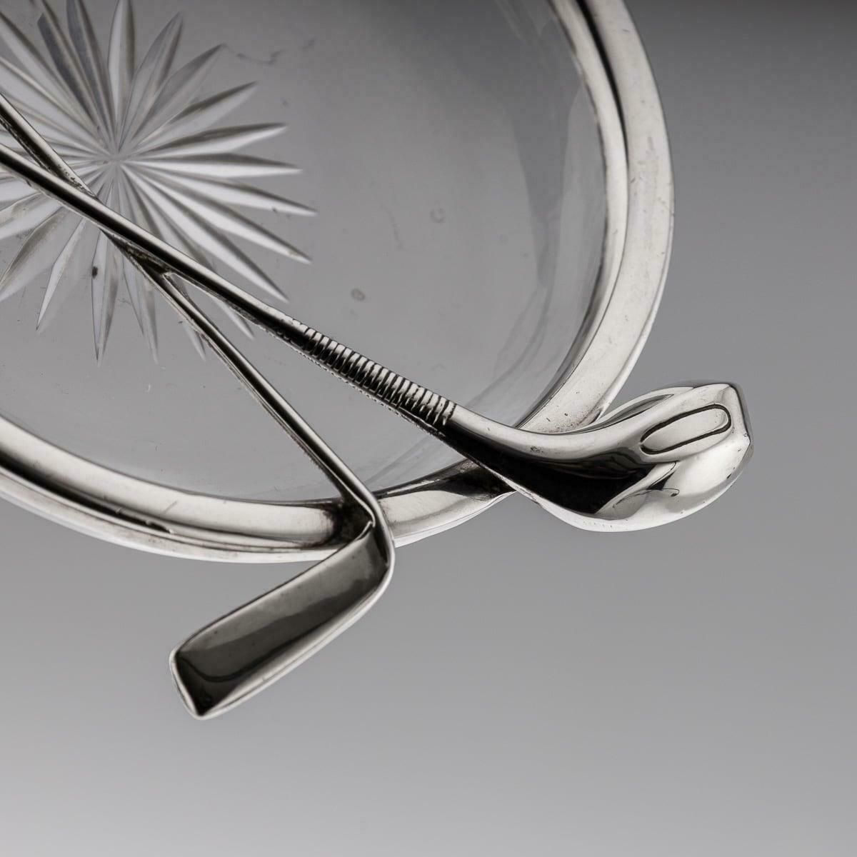 photo furniture Antique 20th Century English Solid Silver & Cut Glass Golf Theme Ashtray C.1911
