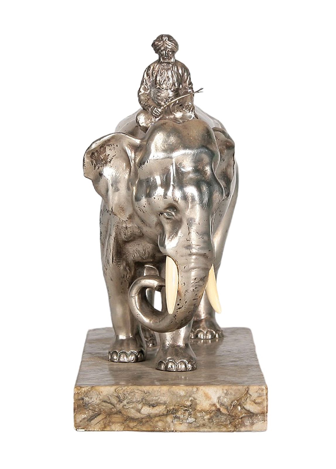 Ealy 20th Century Art Nouveau Silver Tone Metal/Bone Elephant And Rider Sculpture With Stone Base, France photo 1150.0
