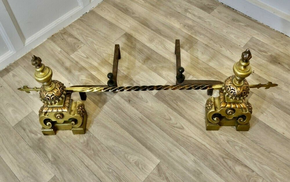 A Pair Of Large French Baroque Brass Andirons Or Chenets photo for sale