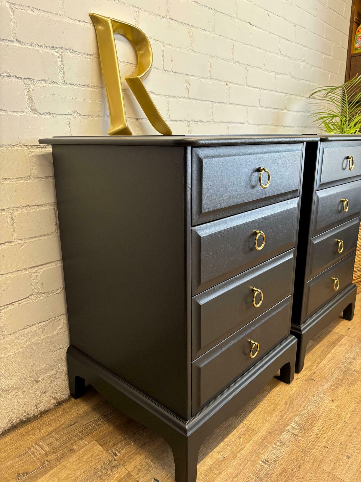 Stag Minstrel 4 Drawer Bedsides Painted Black Brass Ring Handles photo Furniture