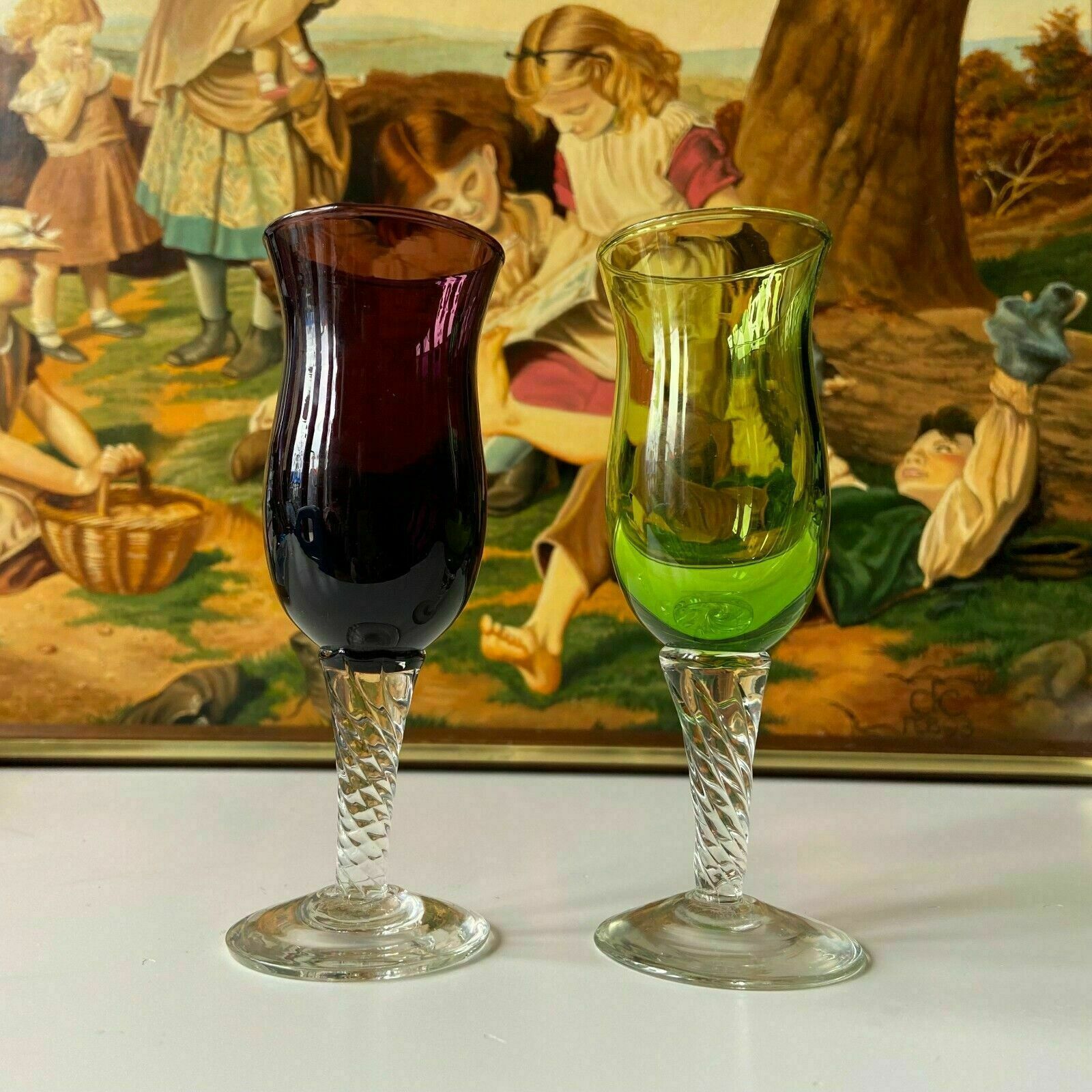 A Pair Murano Tined Glass Flutes Coloured Glass Goblets, Years 1960s