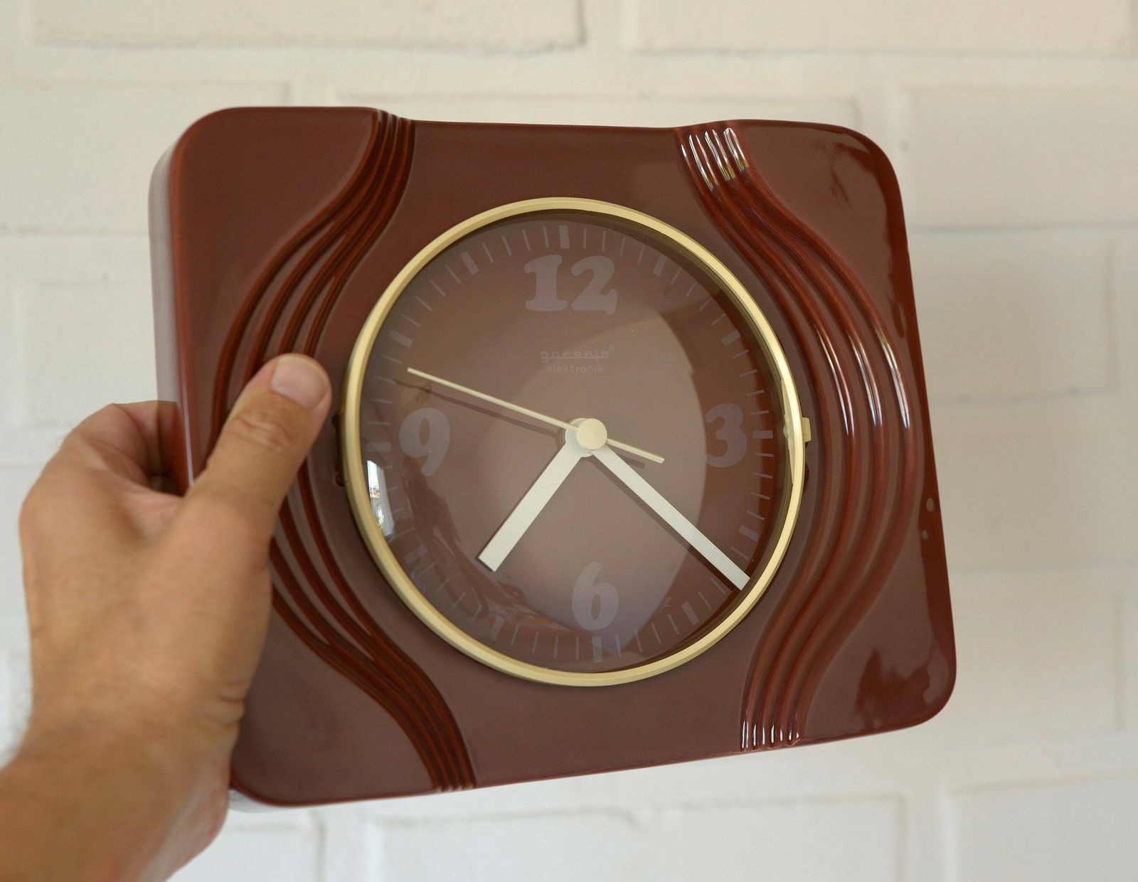 Ceramic Wall Clock / Vintage Rustic Clock / Mid Century / Yugoslavia 1970's / Retro Wall Decor / Gorenje Slovenia / Brown Electric Clock photo for sale