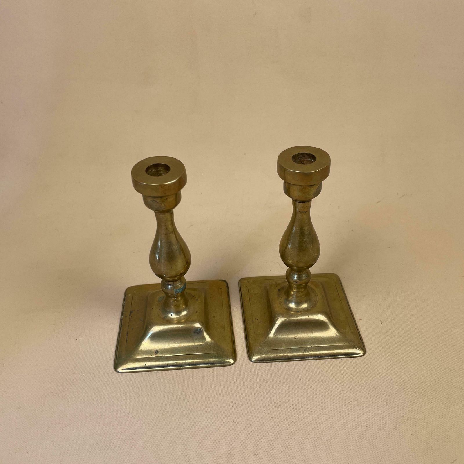 Antique Matching Pair Of Gold Brass Metal Candlestick Candle Stick Vintage Column Taper Dinner Candlesticks Square Base Column photo for sale