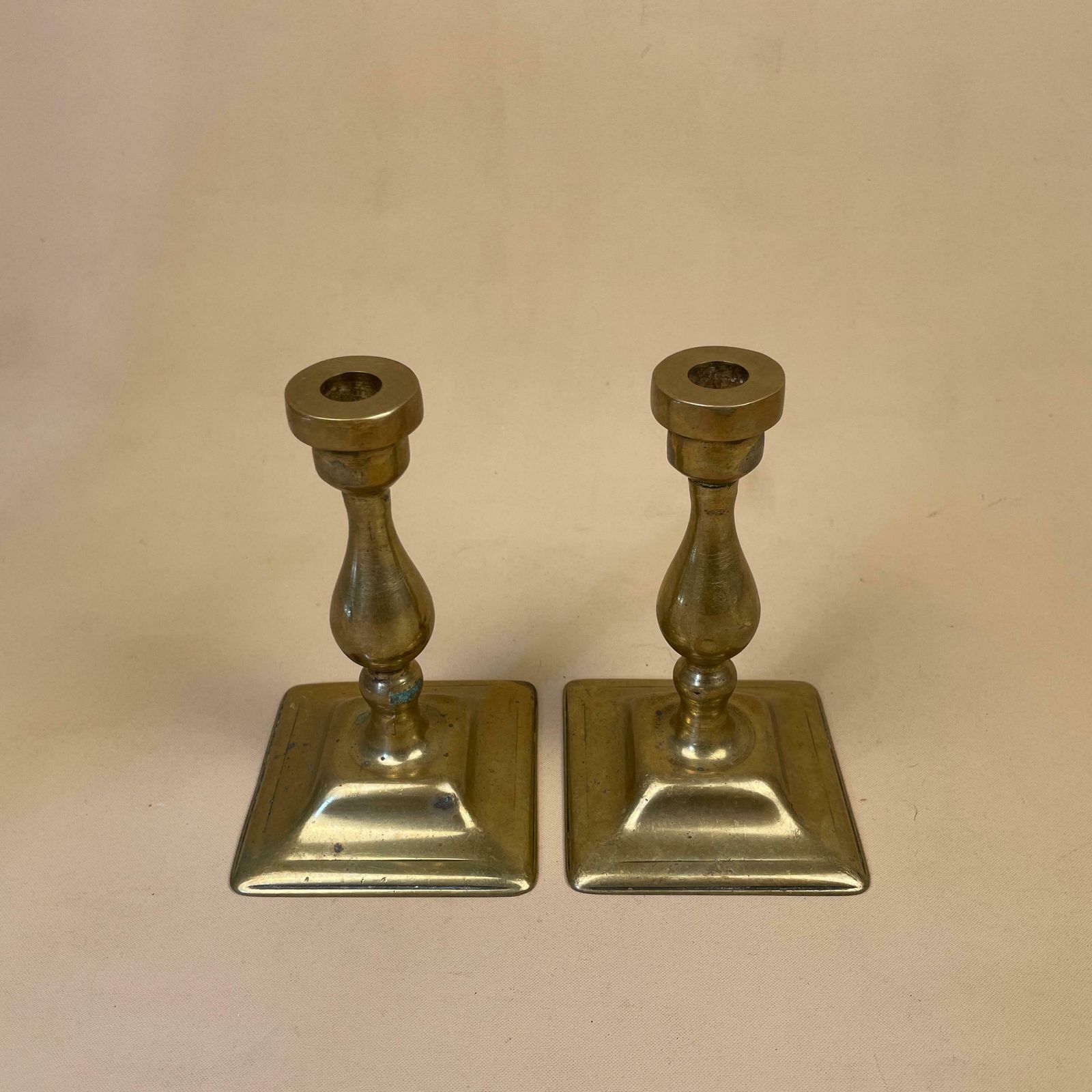 Antique Matching Pair Of Gold Brass Metal Candlestick Candle Stick Vintage Column Taper Dinner Candlesticks Square Base Column photo Home Decor
