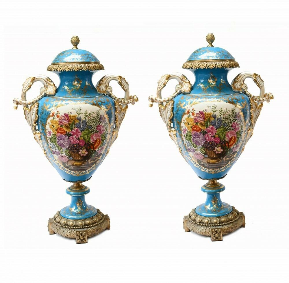 Pair Large Sevres Floral Porcelain Vases Amphora Urns
