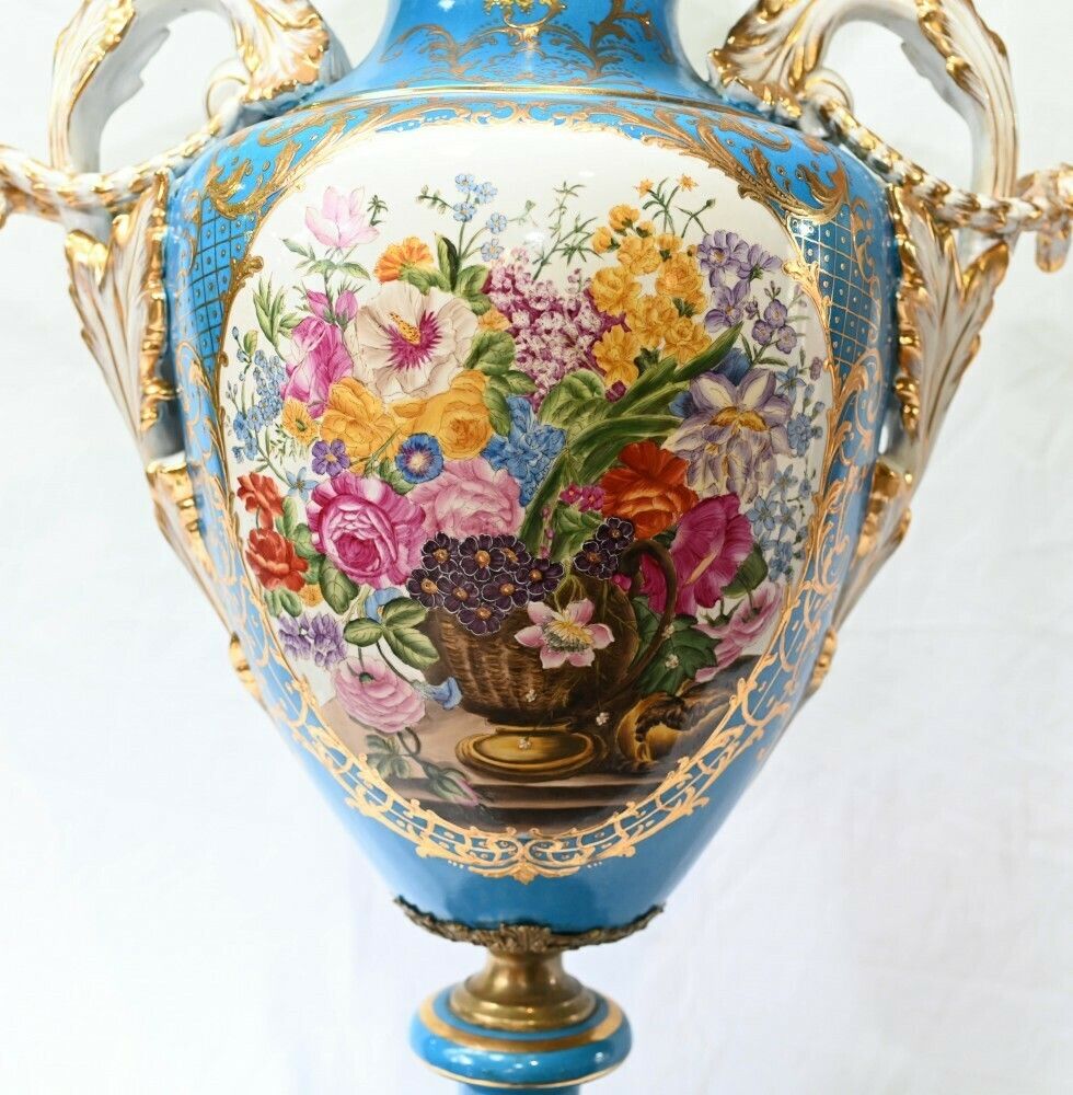 Pair Large Sevres Floral Porcelain Vases Amphora Urns photo Home Decor