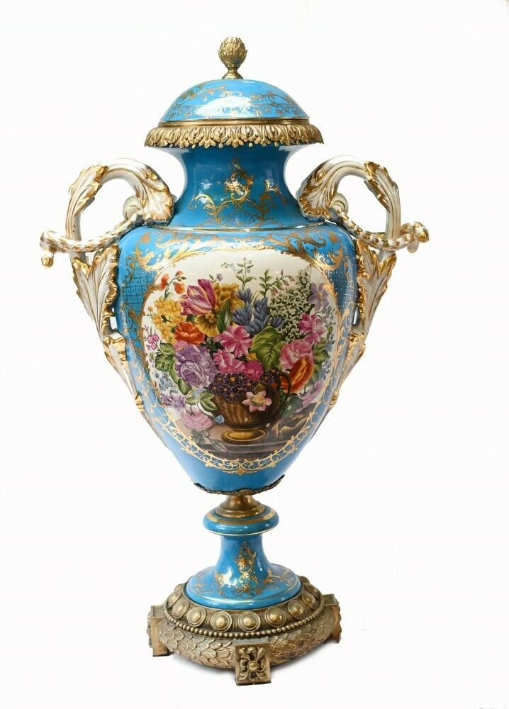 Pair Large Sevres Floral Porcelain Vases Amphora Urns photo vintage