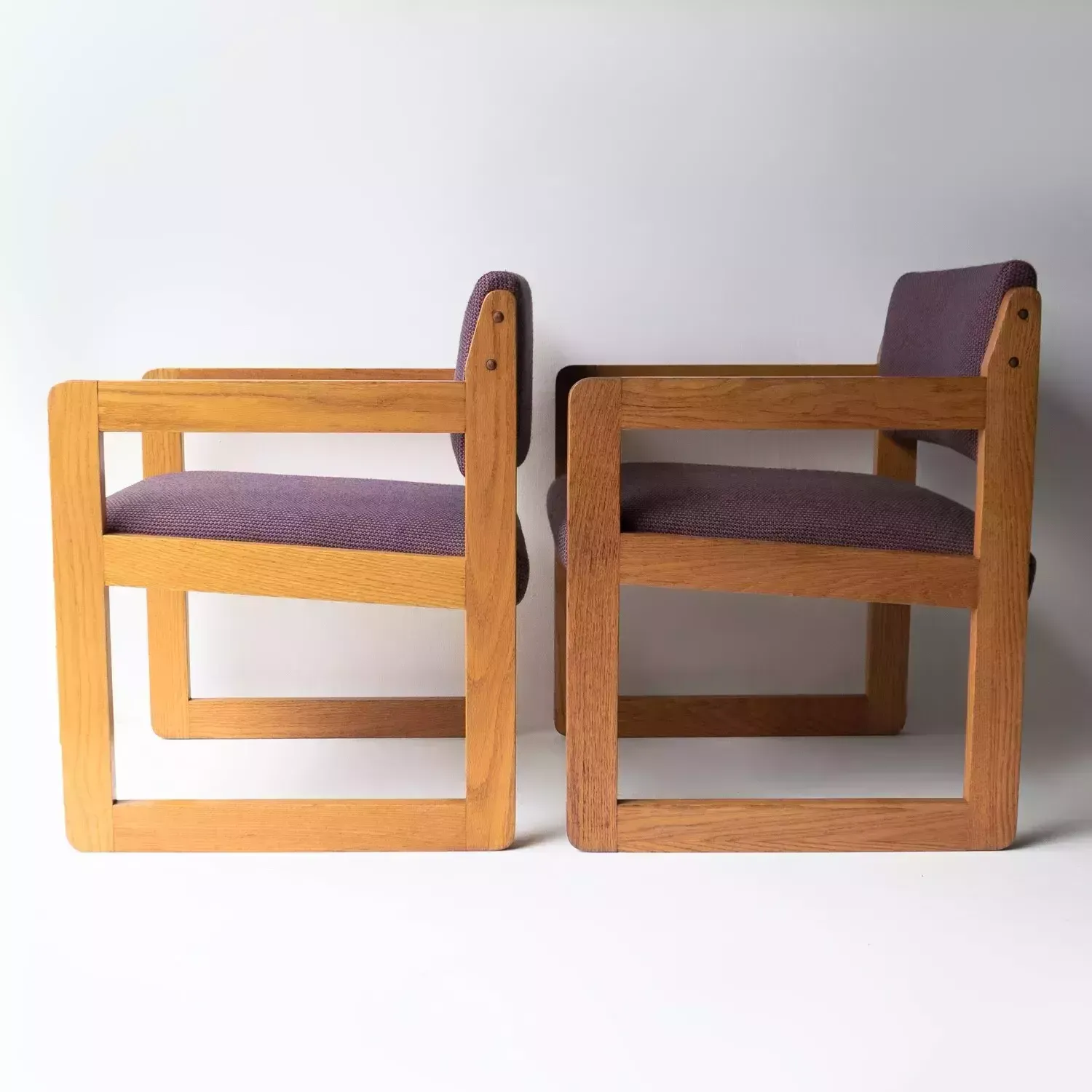 Pair Of Vintage Sculptural Upholstered Oak Cube Armchairs, C. 1970’s photo vinterior