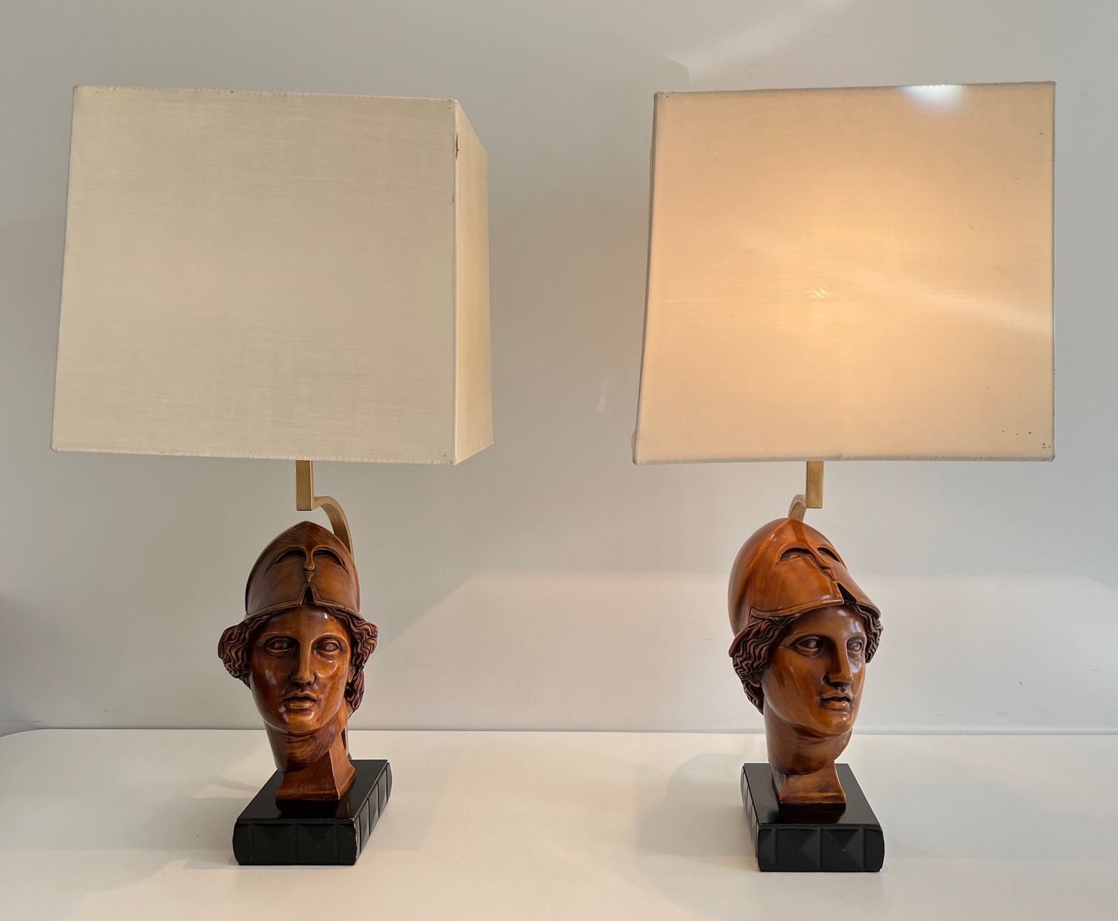 Pair Of Walnut Lamps Depicting Faces Of Helmeted Soldiers photo furniture