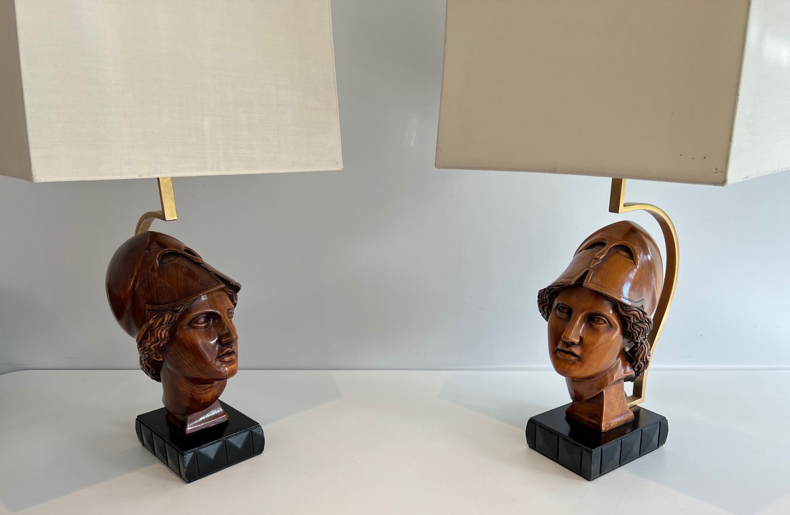 Pair Of Walnut Lamps Depicting Faces Of Helmeted Soldiers photo for sale