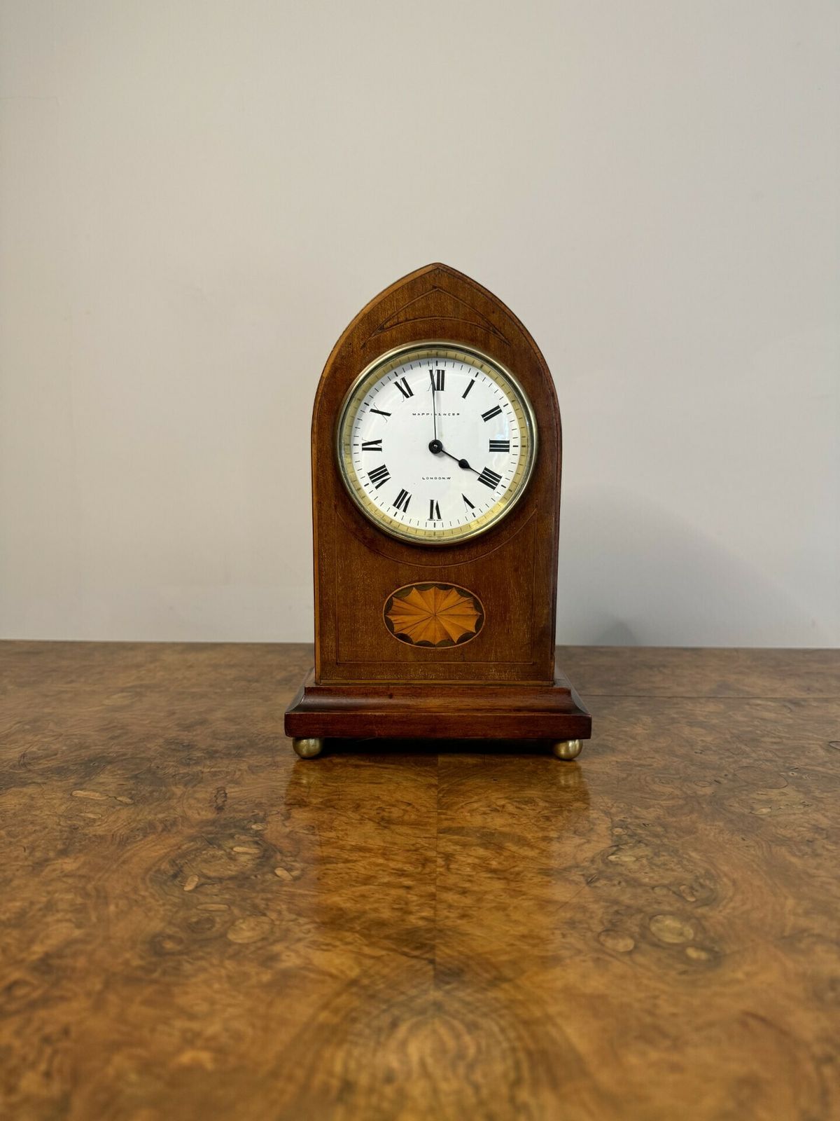 Lovely Antique Quality Mahogany Inlaid Satinwood Mantle Clock By Mappin & Webb London