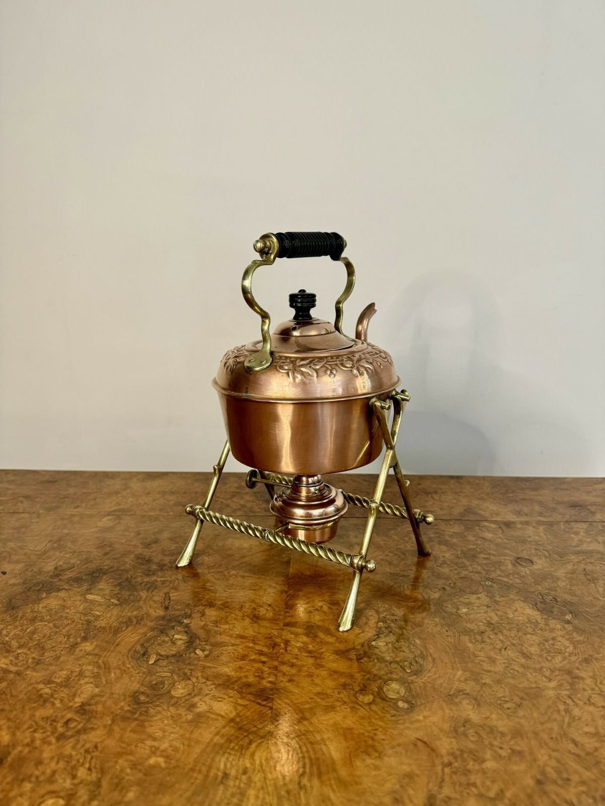 Wonderful Antique Quality Copper And Brass Spirit Kettle And Stand photo furniture