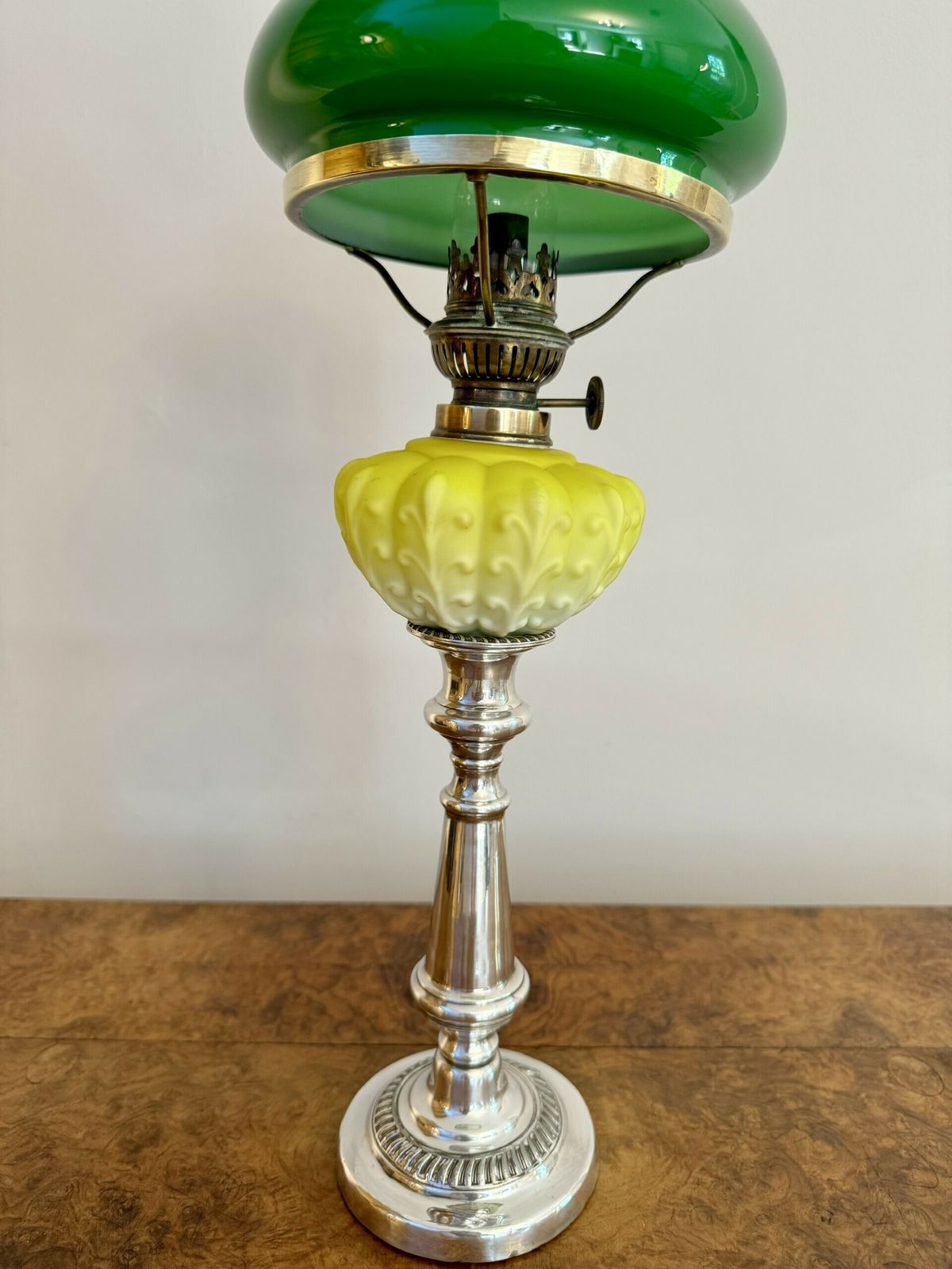 Fine Quality Victorian Silver Plated And Satin Glass Peg Oil Lamp photo for sale