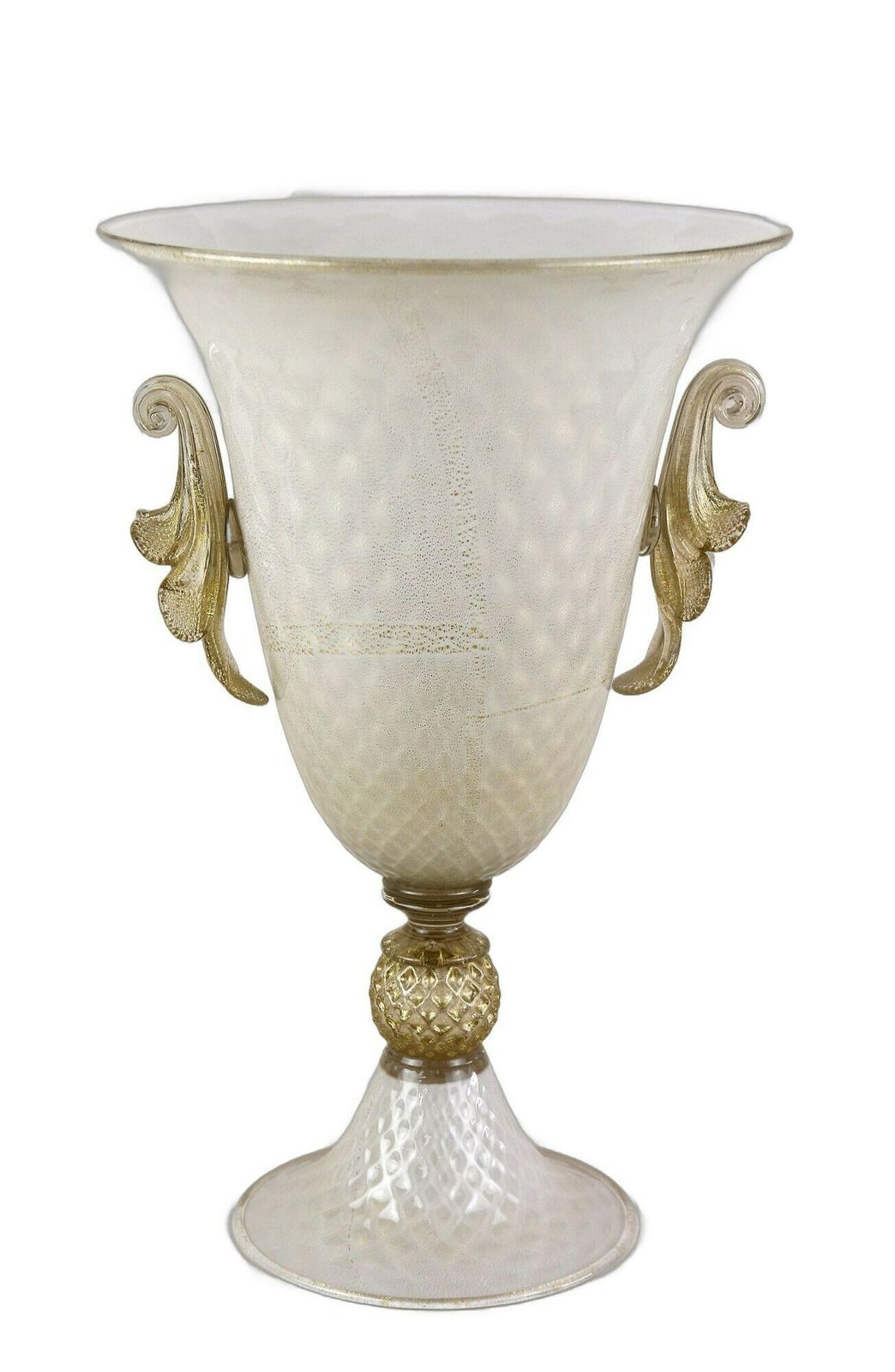 Beige/ Golden Murano Glass Urn Vase With 24 K Gold Flakes By Gabbiani, Italy