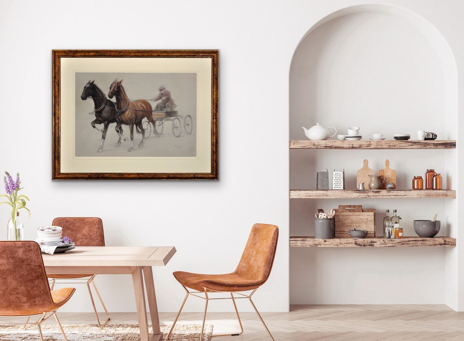 Cecil Charles Windsor Aldin 1870 To 1935. English. Trotting Horses Harnessed To A Lightweight Four Wheel Cart Trap. Walnut Framed Chalk Drawing. photo 14895.0