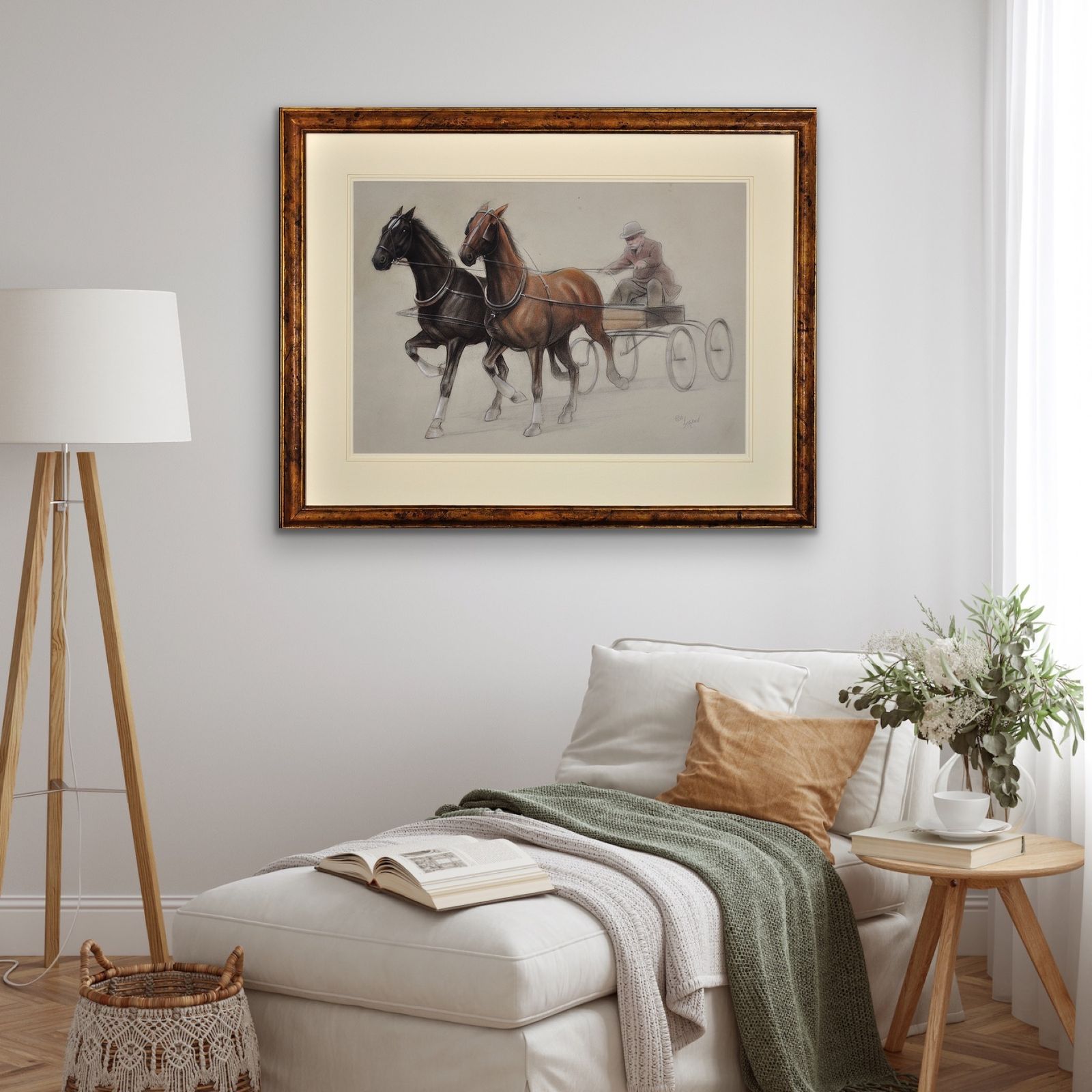 Cecil Charles Windsor Aldin 1870 To 1935. English. Trotting Horses Harnessed To A Lightweight Four Wheel Cart Trap. Walnut Framed Chalk Drawing. photo vintage