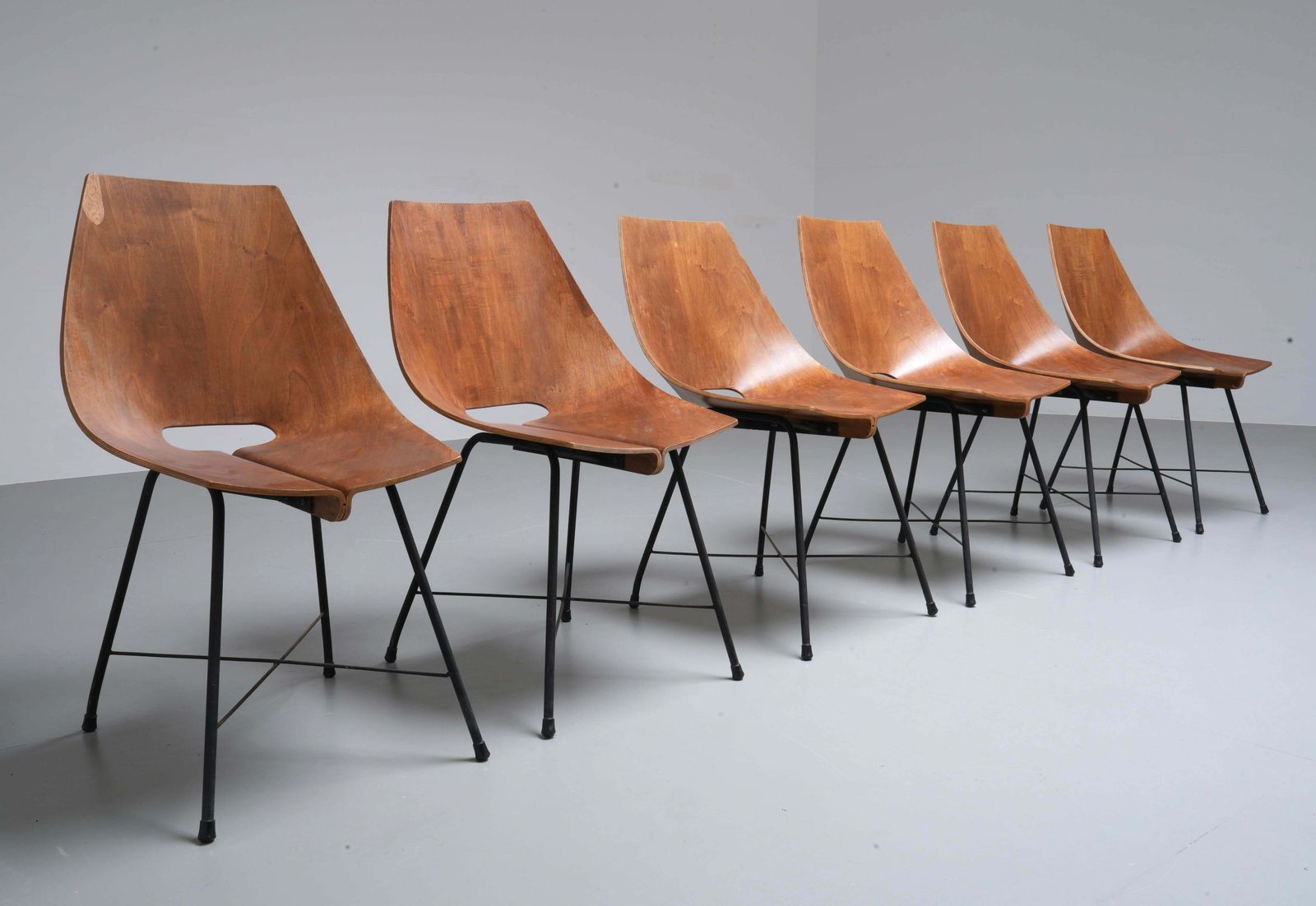 Set Of 6 Dining Room Chairs By Carlo Ratti In Plywood And Metal, Italy, 1954 photo for sale