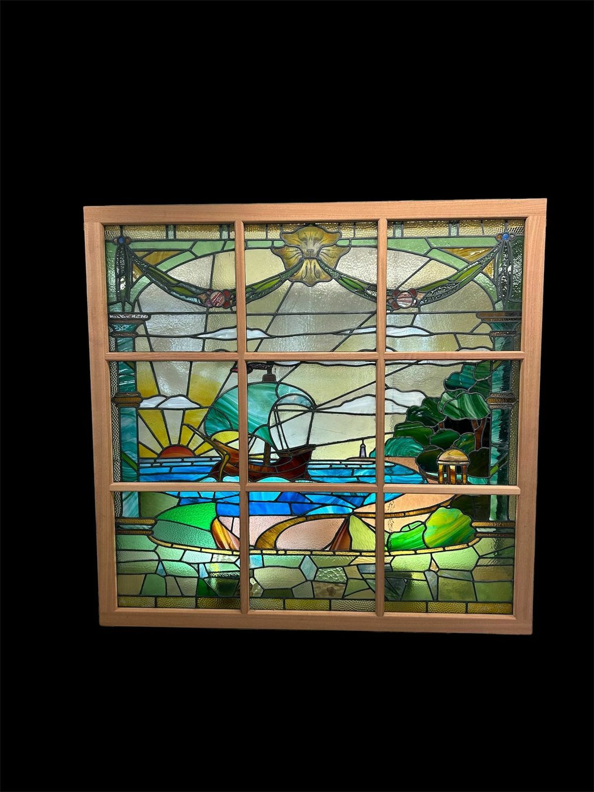 Huge Stained Glass Window Panel Reclaimed Period Antique Leaded Old Swanage Hotel
