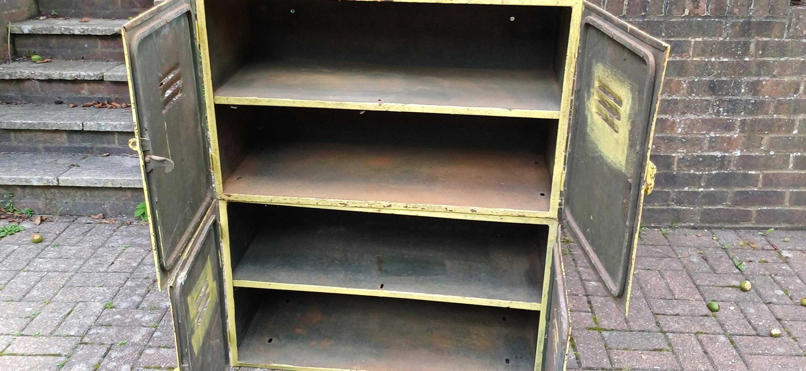 Pair Of Industrial Metal Painted Storage Cupboards Project Freestanding Or Wall Hanging. photo vintage