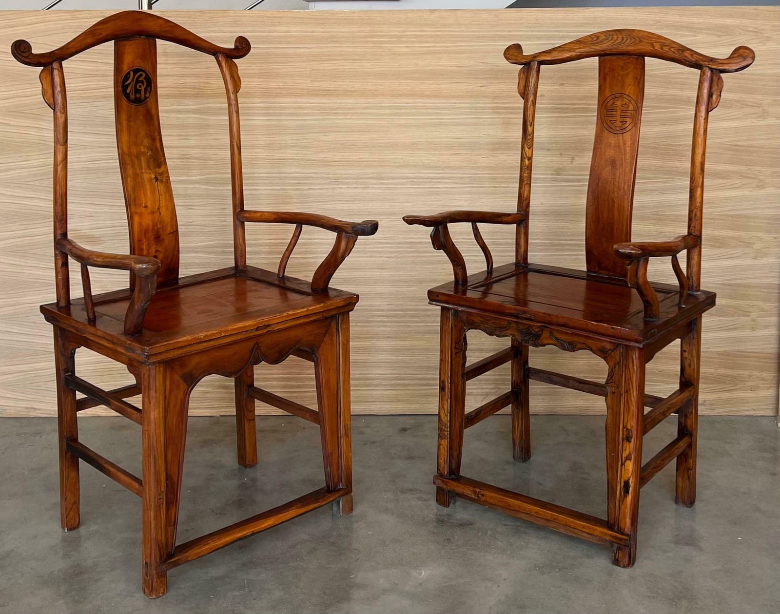 Pair Of Chinese Ming Style Carved Wood High Back Throne Armchairs photo Furniture