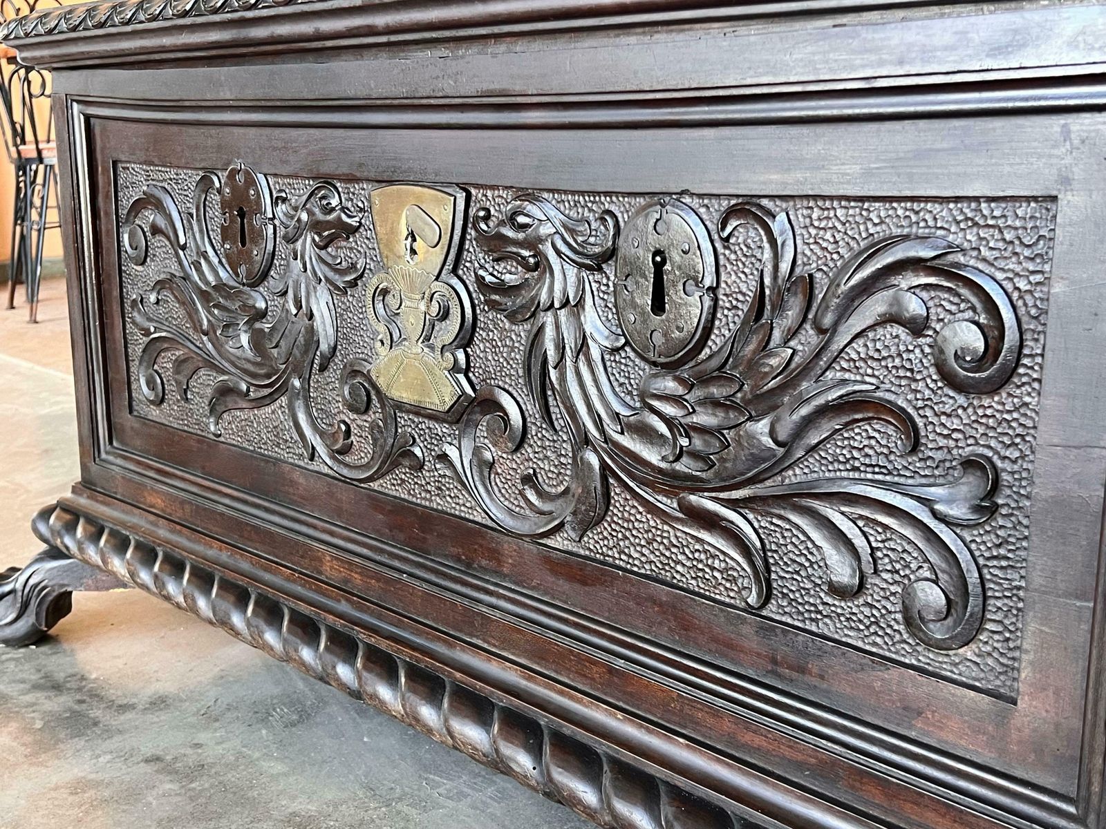 Furniture 19th Century Spanish Carved Cassone Trunk With Original Hardware And Three Locks photo