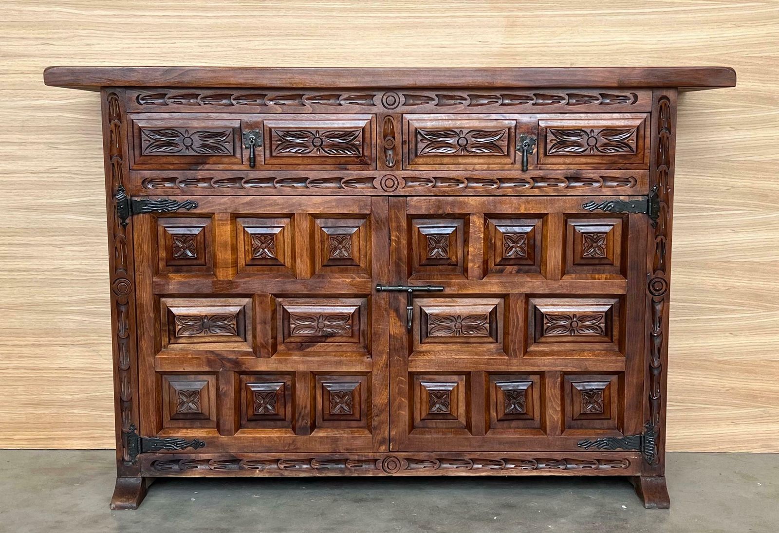 19th Spanish Baroque Carved Walnut Tuscan Two Drawer Credenza Or Buffet photo for sale