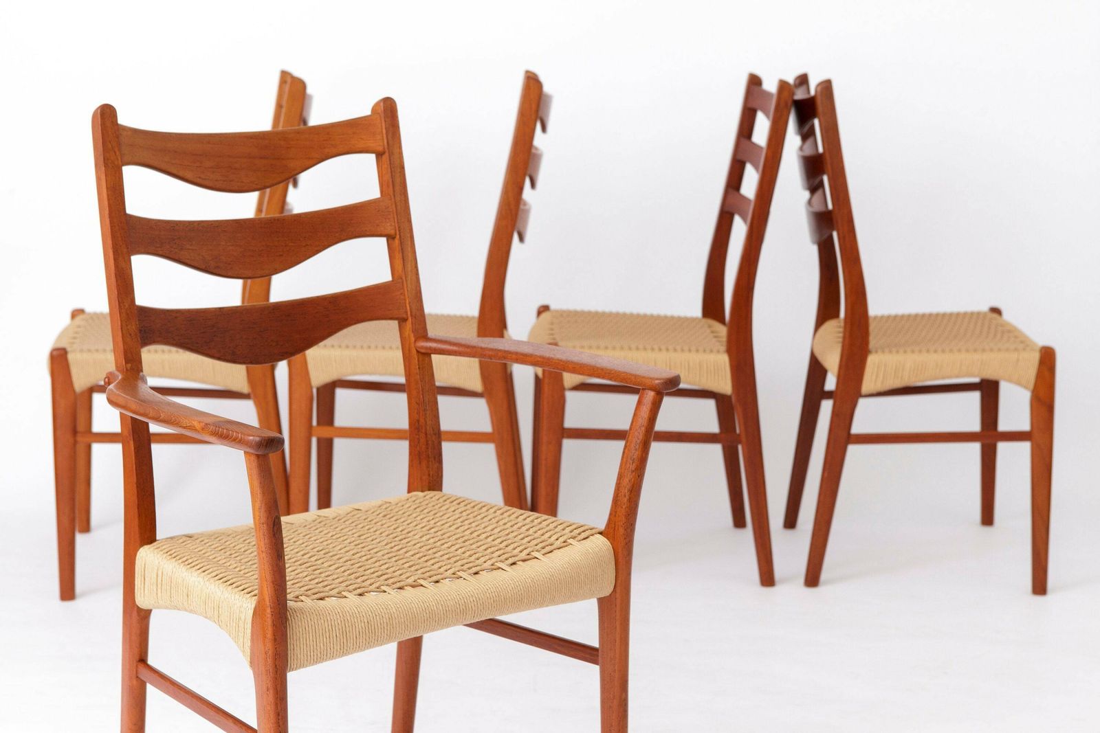 5 Arne Wahl Iversen Mid Century Teak Dining Chairs With Papercord Seats For Glyngøre Stolefabrik, Model Gs91 photo furniture