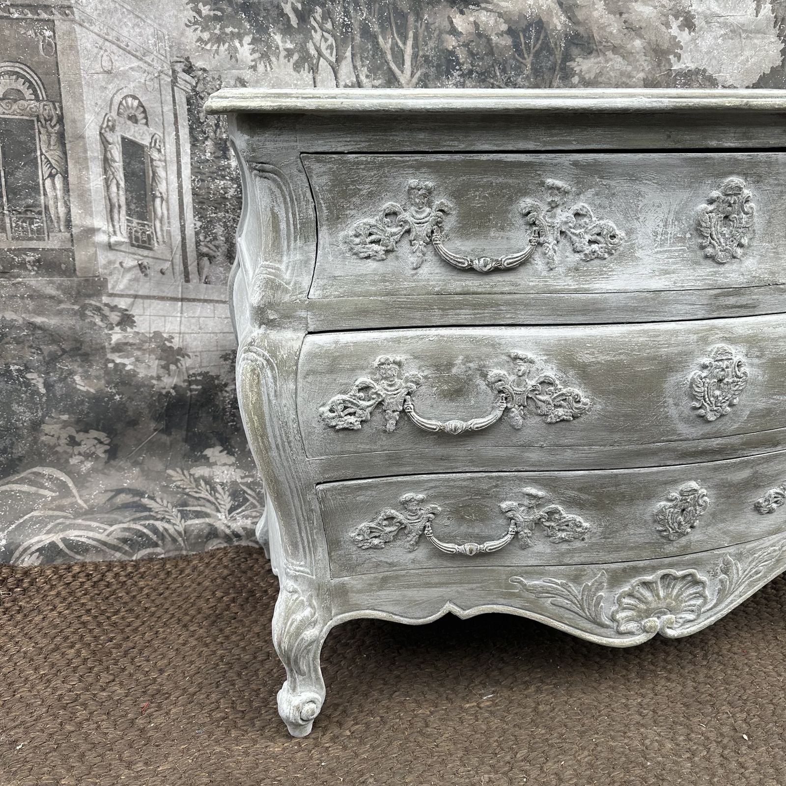 French Antique Commode Bombe Curved Chest Of Drawers Pale Grey Chippy Paint photo furniture