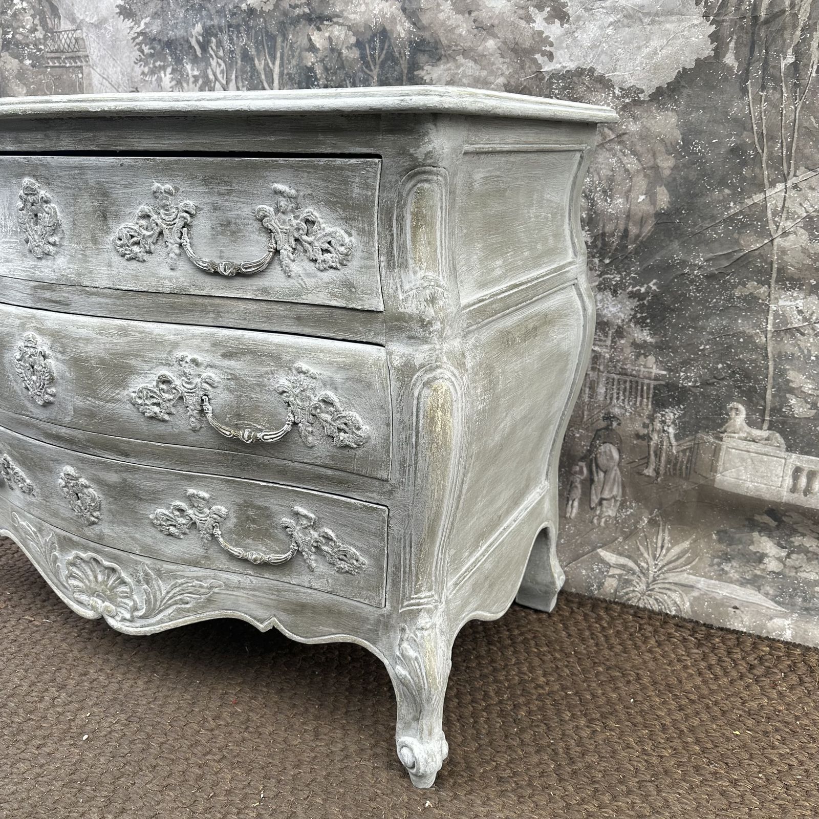 French Antique Commode Bombe Curved Chest Of Drawers Pale Grey Chippy Paint photo Furniture