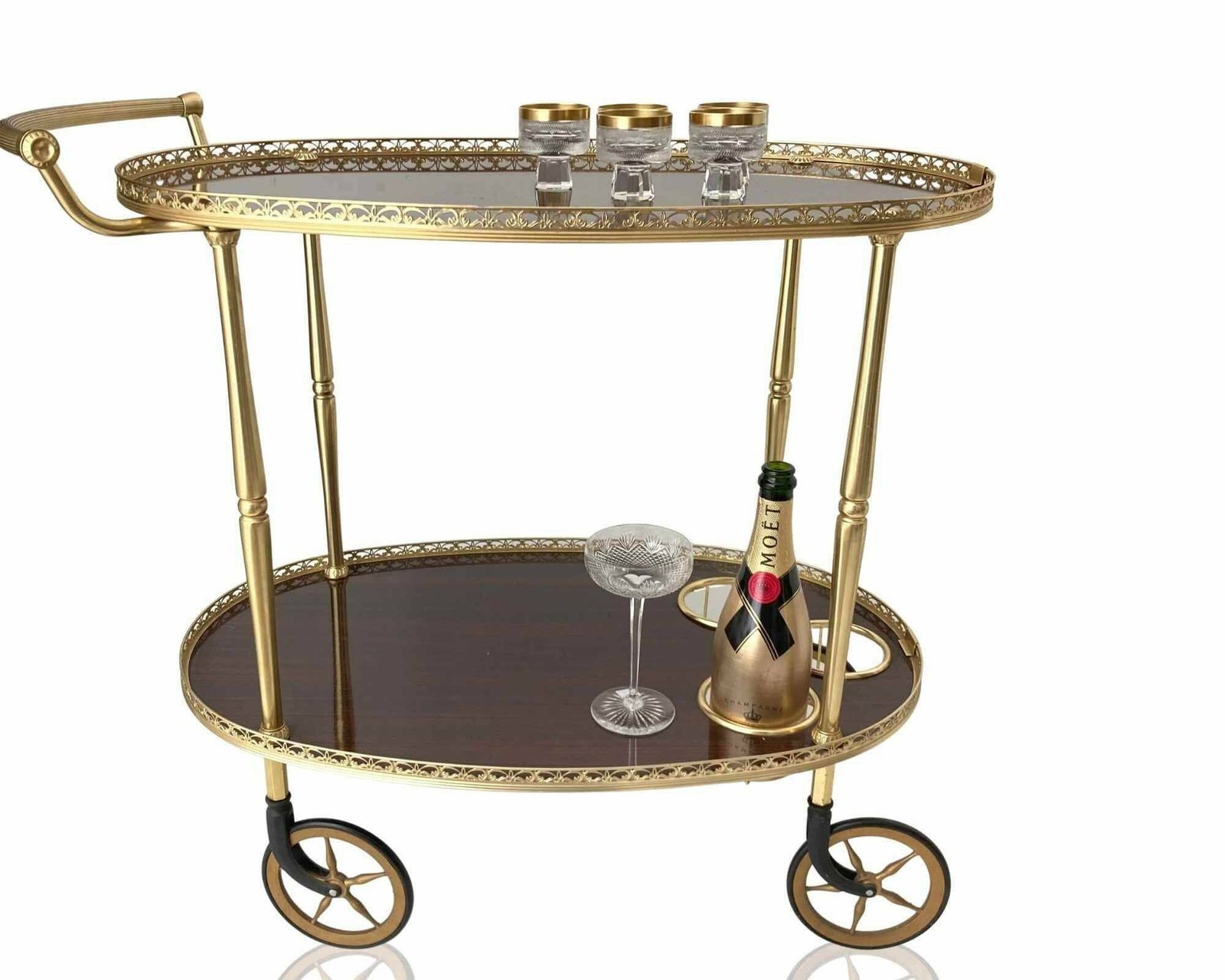 Brass Bar Cart | Wooden Oval Trolley | 3 Bottle Holders