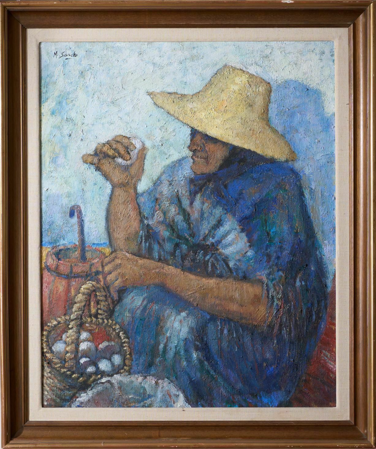 20th Century Oil On Canvas Of A Lady Selling Eggs  M Sancho photo Art