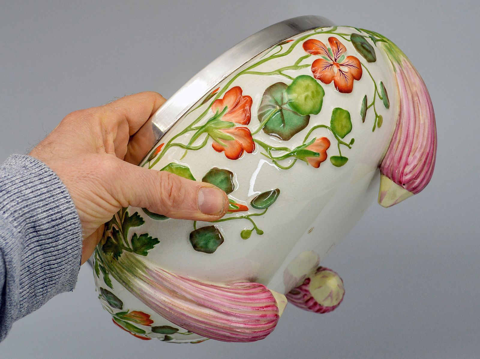 Antique Ceramic Majolica Salad Bowl (Or Soup Tureen) With Original Serving Cuttlery. photo buy