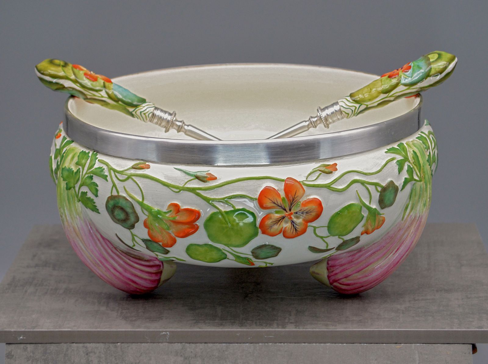 Antique Ceramic Majolica Salad Bowl (Or Soup Tureen) With Original Serving Cuttlery. photo vintage