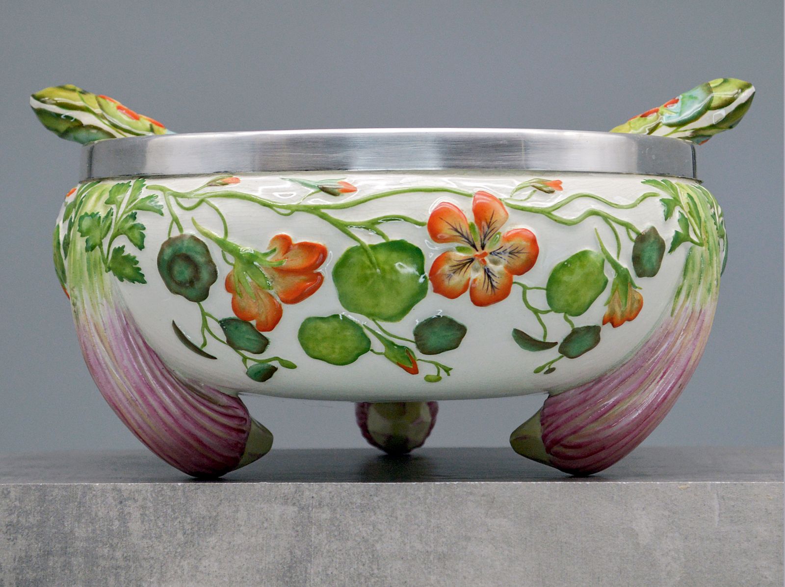 Home Decor Antique Ceramic Majolica Salad Bowl (Or Soup Tureen) With Original Serving Cuttlery. photo
