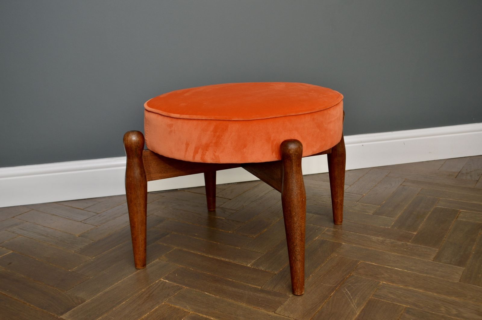 Retro/ Mid Century Teak And Velvet Orange Ottoman /Footstool photo furniture