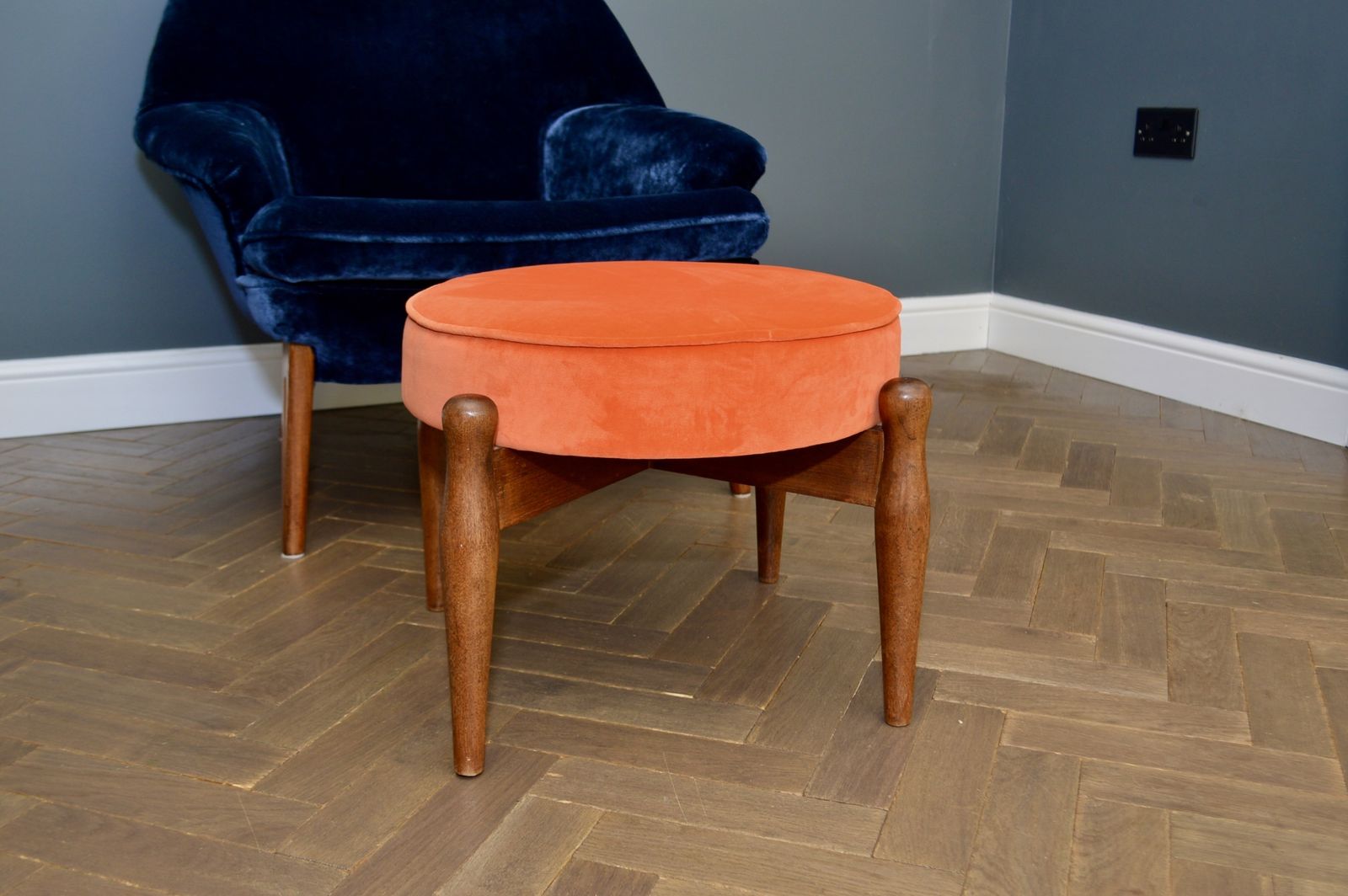 Retro/ Mid Century Teak And Velvet Orange Ottoman /Footstool