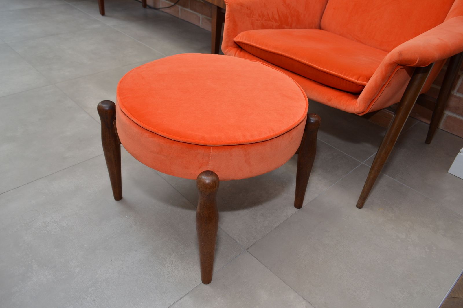 photo furniture Retro/ Mid Century Teak And Velvet Orange Ottoman /Footstool