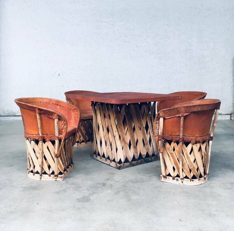Mexicaanse Art Populaire Ambachtelijk Leren Tafel & Stoelen, Toegeschreven Aan Wim Rietveld photo vinterior