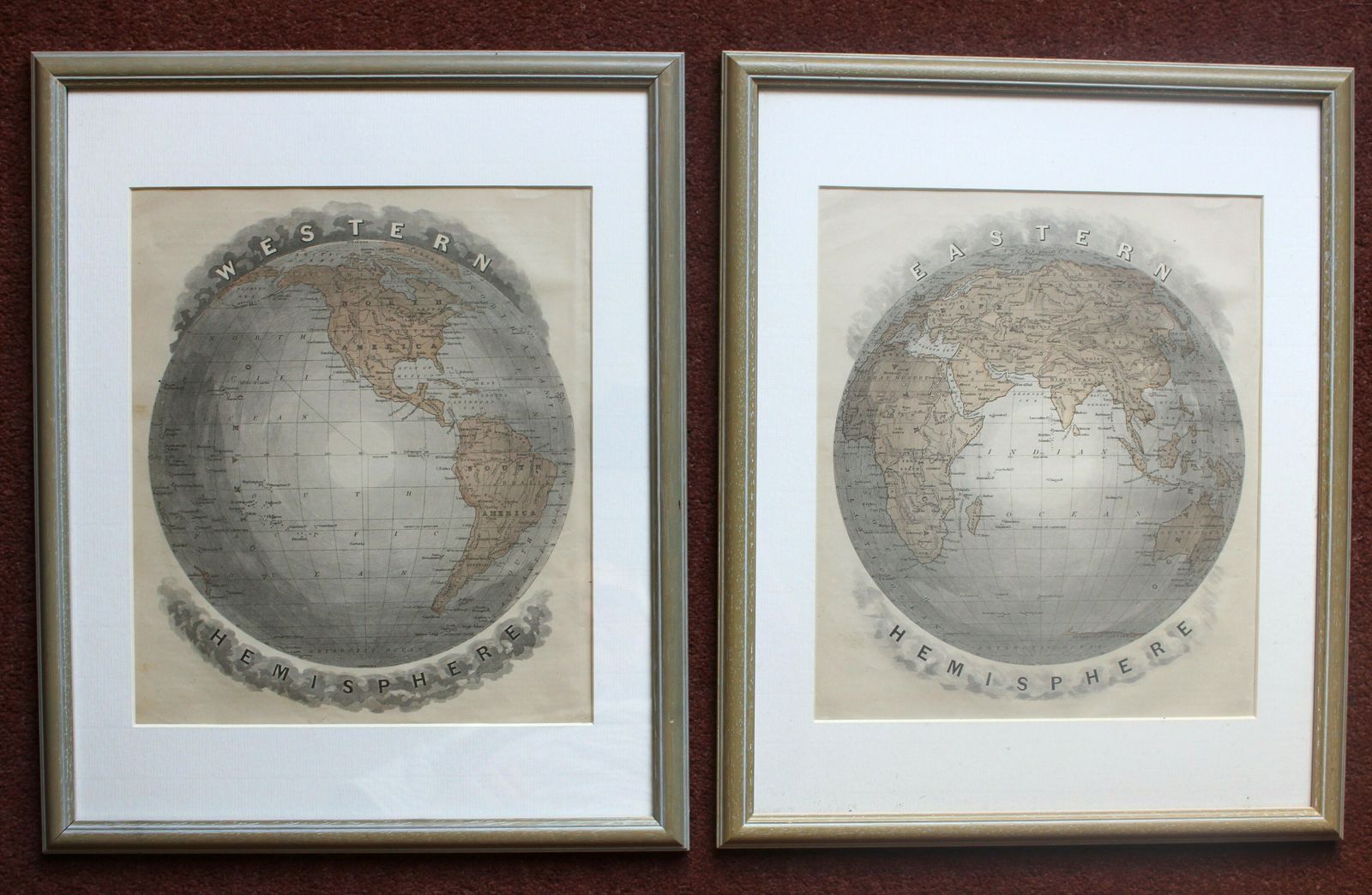 The Western Hemisphere And Eastern Hemisphere Pair Of Framed Lithograph Maps 1877