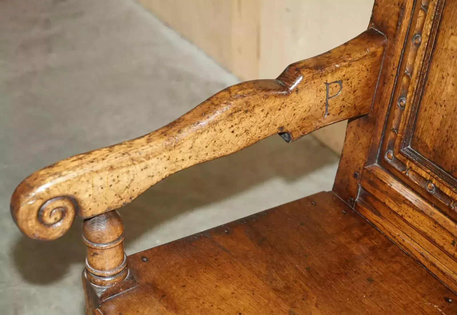 photo for sale Fine & Rare Original 19th Century Wainscot Armchair England Oak With Side Drawer