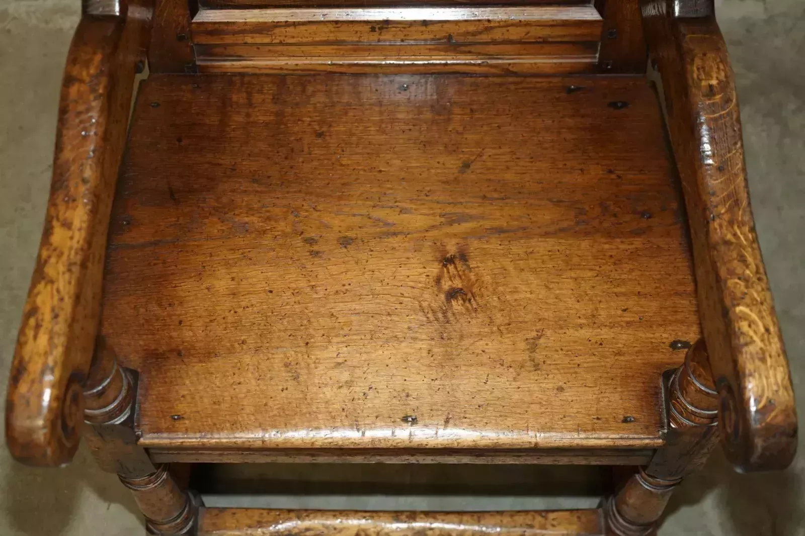 2350.0 Fine & Rare Original 19th Century Wainscot Armchair England Oak With Side Drawer photo
