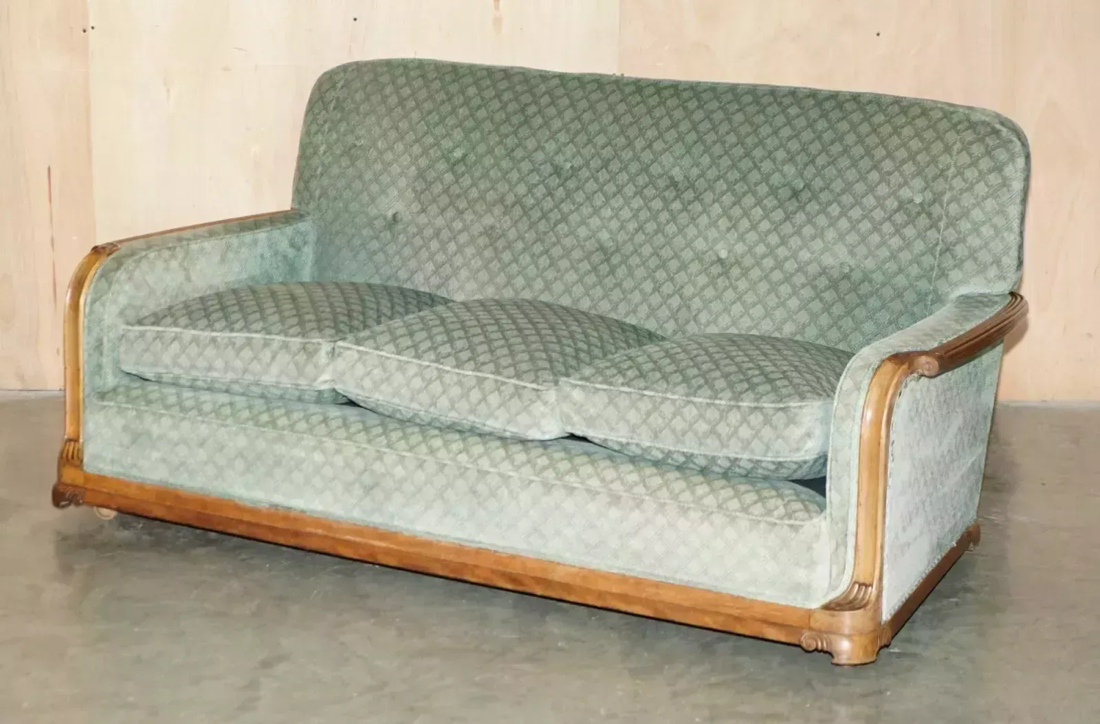 Ornately Hand Carved Walnut Art Deco Circa 1920's Antique Sofa & Armchair Suite photo furniture